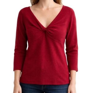 Ann Taylor Cashmere Sweater Size Large Red Twist Front 3/4 Sleeve Soft Cozy Knit